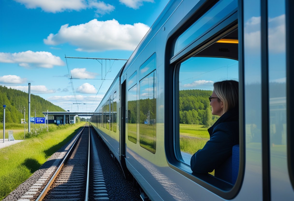 A modern train traveling through green countryside with a passenger looking out the window on a bright day.