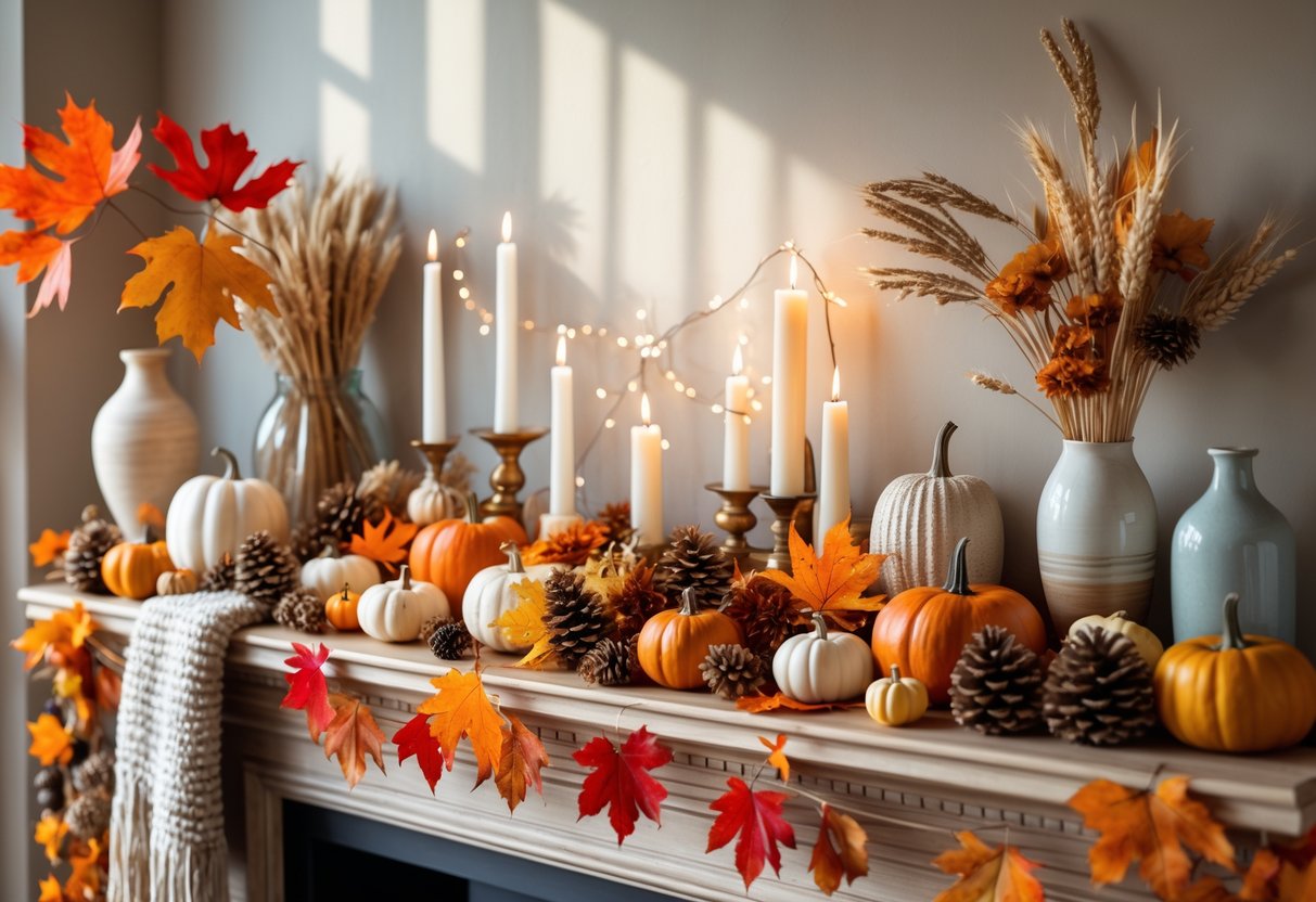 28 Fall Mantle Decor Ideas 2025: Stylish Seasonal Inspiration for Your Fireplace 2 A fall mantle decorated with pumpkins, pinecones, leaves, candles, and dried flowers.