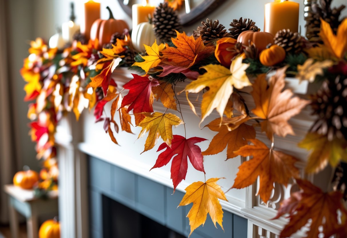 28 Fall Mantle Decor Ideas 2025: Stylish Seasonal Inspiration for Your Fireplace 3 A fireplace mantle decorated with a layered autumn leaf garland and fall-themed accents like pumpkins and candles.