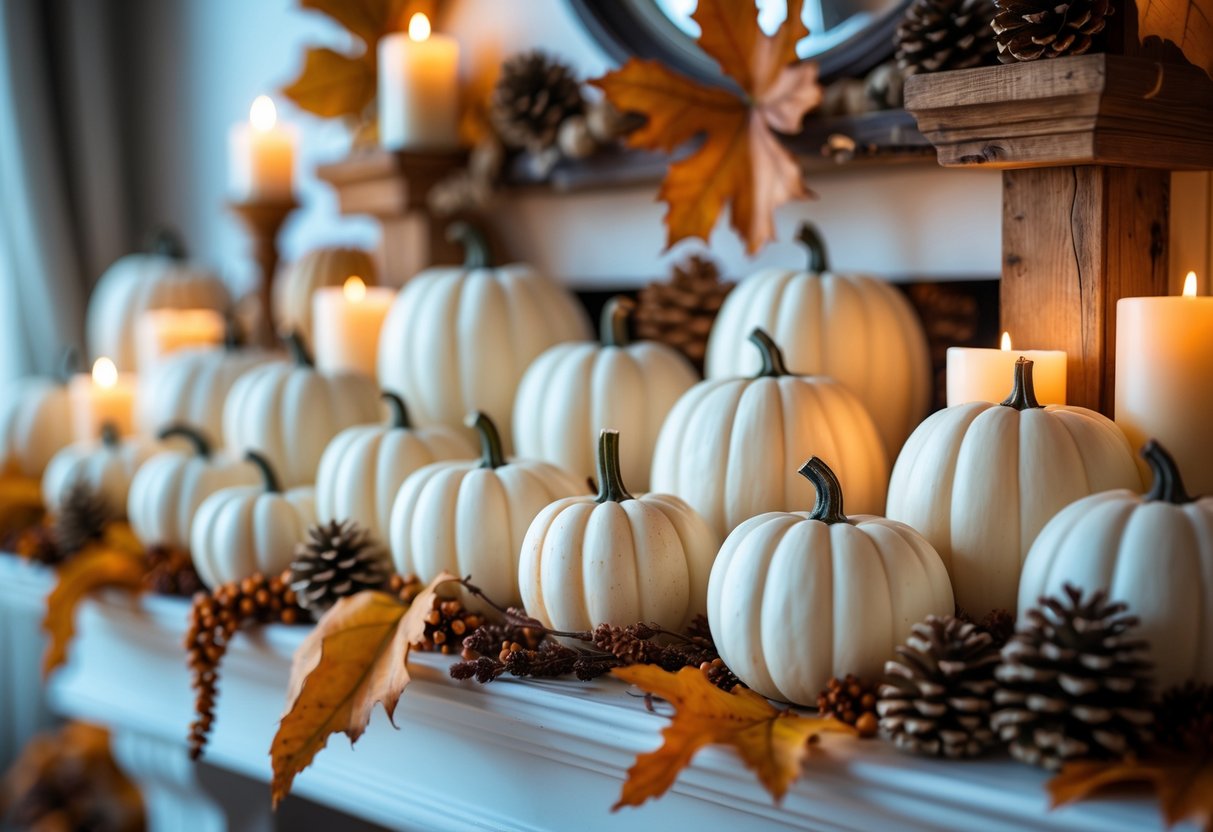 28 Fall Mantle Decor Ideas 2025: Stylish Seasonal Inspiration for Your Fireplace 4 A fall mantle decorated with 28 miniature white pumpkins, dried leaves, pinecones, and candles.