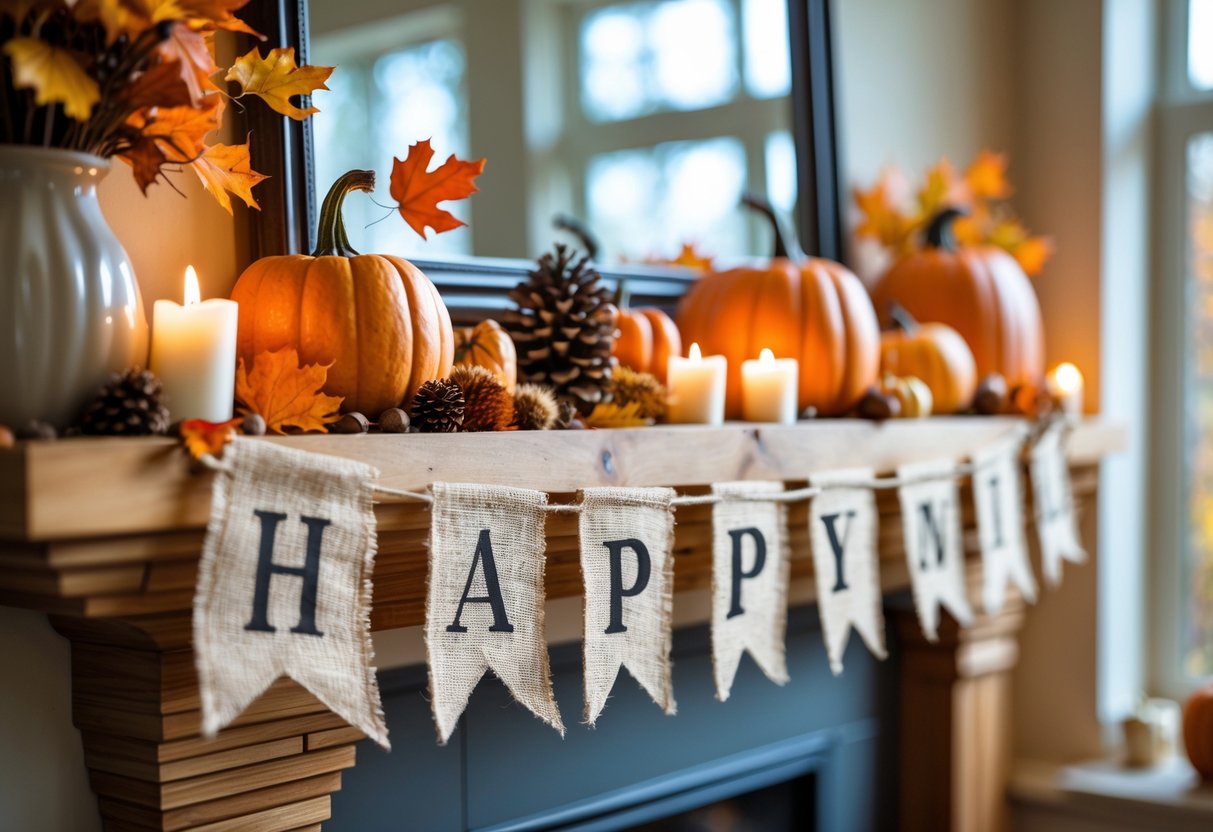 28 Fall Mantle Decor Ideas 2025: Stylish Seasonal Inspiration for Your Fireplace 5 A decorated fireplace mantle with a burlap banner, pumpkins, pinecones, dried leaves, and candles creating a warm autumn scene.