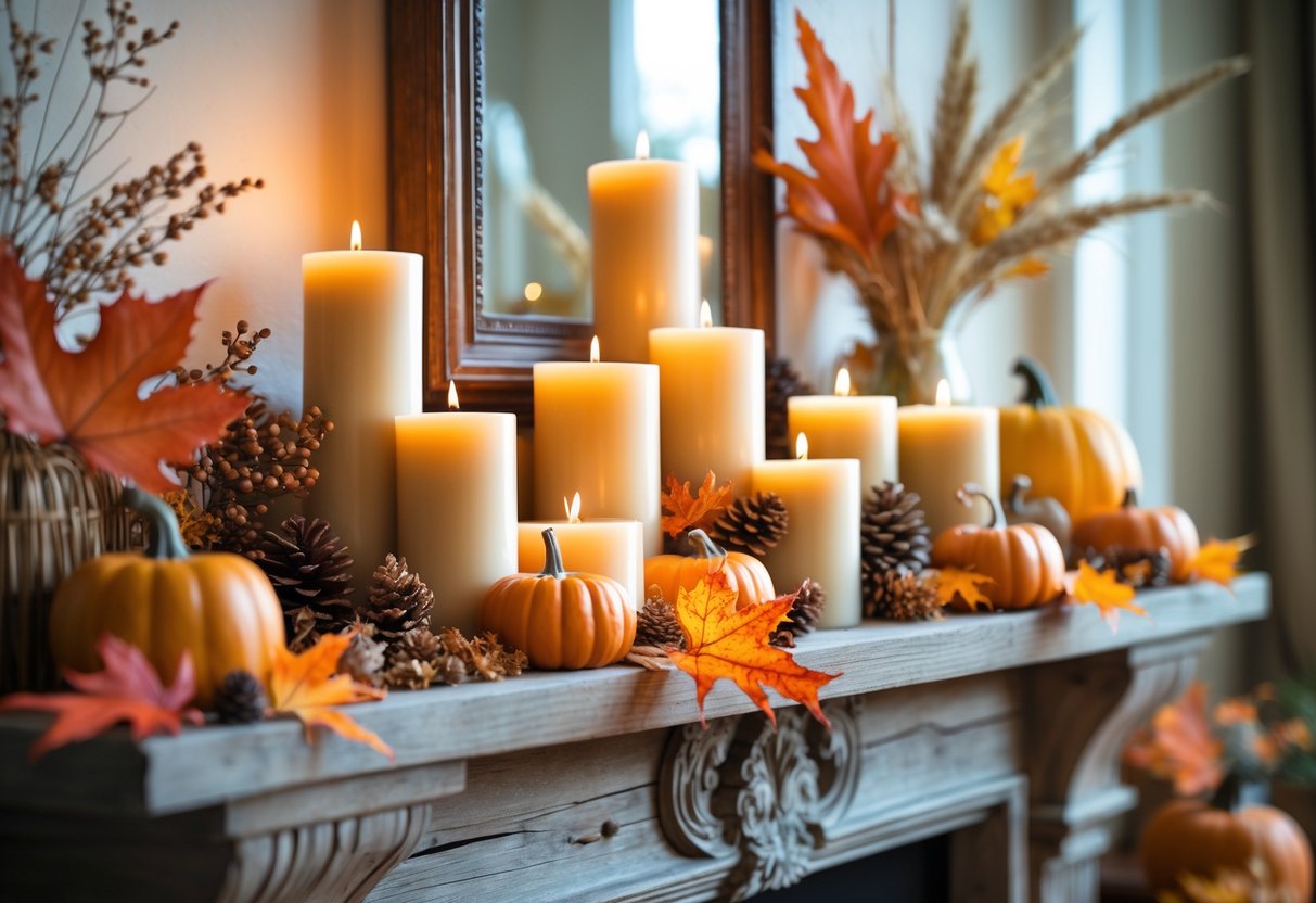28 Fall Mantle Decor Ideas 2025: Stylish Seasonal Inspiration for Your Fireplace 6 A wooden mantle decorated with stacked soy candles, pumpkins, fall leaves, pinecones, and dried grasses.