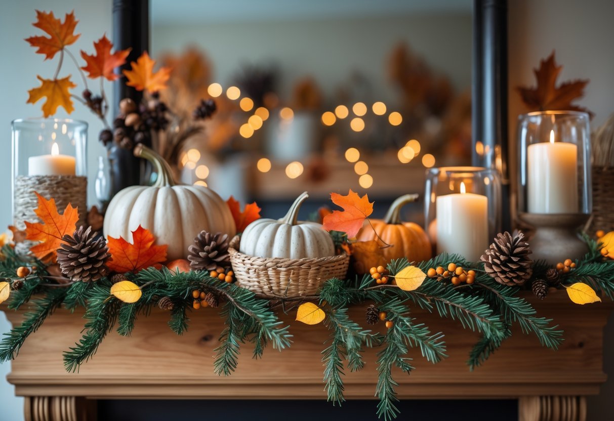 28 Fall Mantle Decor Ideas 2025: Stylish Seasonal Inspiration for Your Fireplace 7 A fall decorated mantle with cedar branches, autumn leaves, pinecones, pumpkins, candles, and warm lighting.