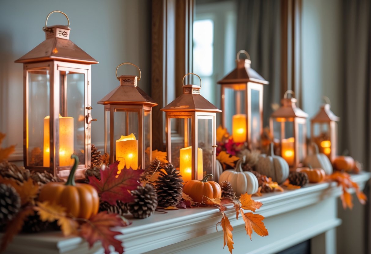 28 Fall Mantle Decor Ideas 2025: Stylish Seasonal Inspiration for Your Fireplace 8 A fall mantle decorated with copper lanterns glowing with LED lights, surrounded by autumn leaves, pumpkins, and pinecones.