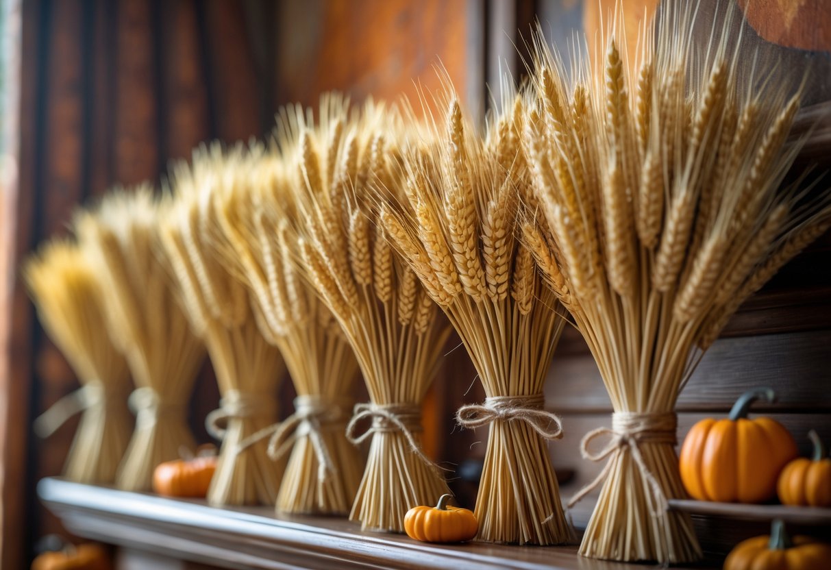 28 Fall Mantle Decor Ideas 2025: Stylish Seasonal Inspiration for Your Fireplace 10 Several bundles of dried wheat tied with twine arranged on a mantle with warm autumn colors in the background.