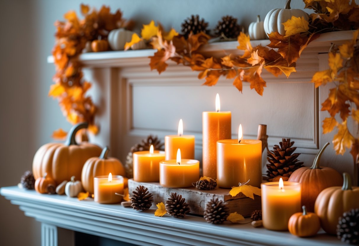 28 Fall Mantle Decor Ideas 2025: Stylish Seasonal Inspiration for Your Fireplace 12 A fireplace mantle decorated with pumpkin spice scented candles, small pumpkins, dried leaves, and pinecones creating a warm fall atmosphere.