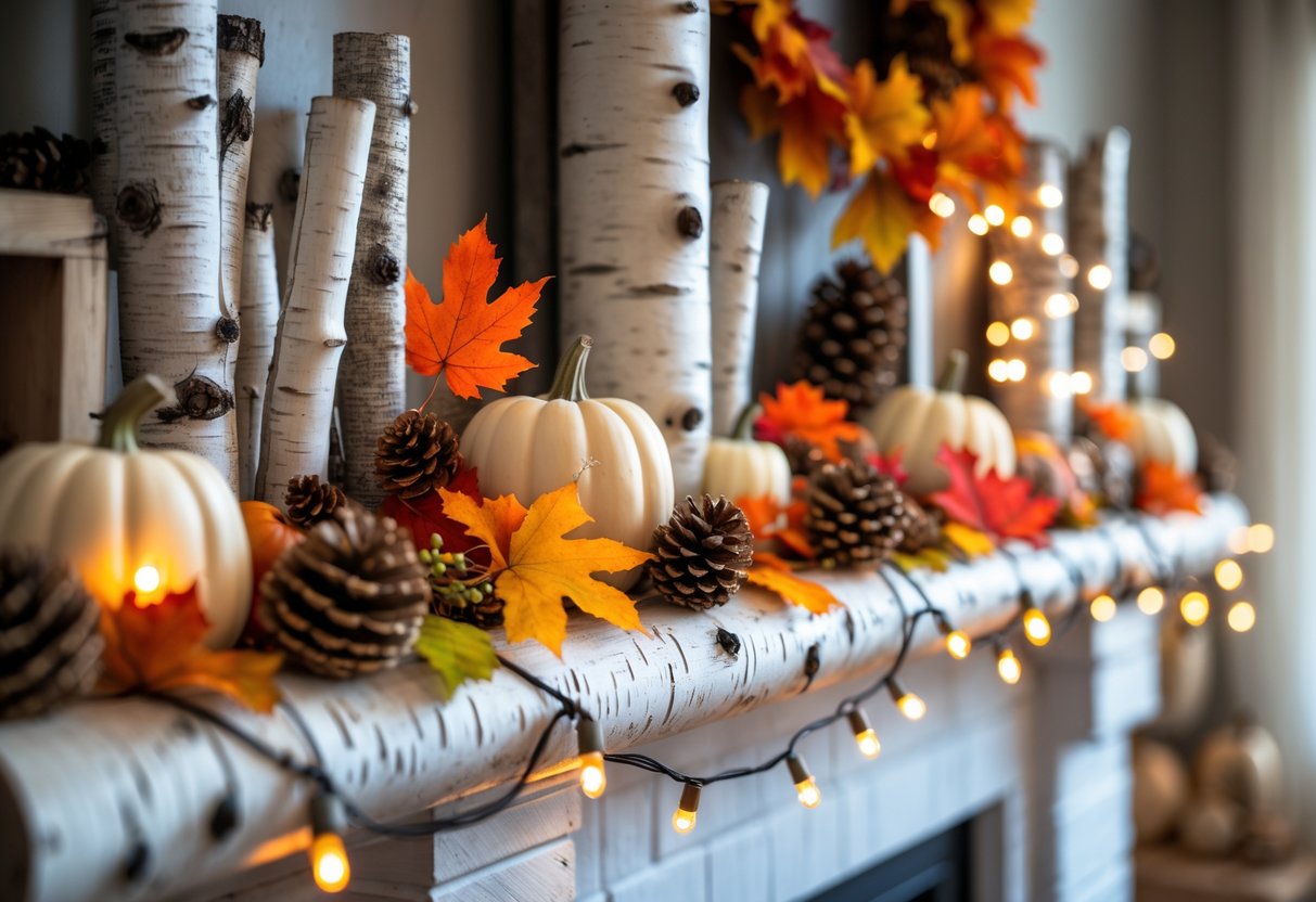 28 Fall Mantle Decor Ideas 2025: Stylish Seasonal Inspiration for Your Fireplace 13 A fall mantle decorated with faux birch logs, colorful autumn leaves, pumpkins, pinecones, and warm string lights.