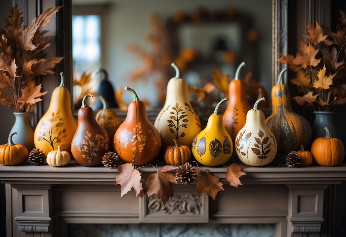 28 Fall Mantle Decor Ideas 2025: Stylish Seasonal Inspiration for Your Fireplace 14 A set of hand-painted gourds arranged on a fall-decorated mantle with autumn leaves, small pumpkins, and pinecones.