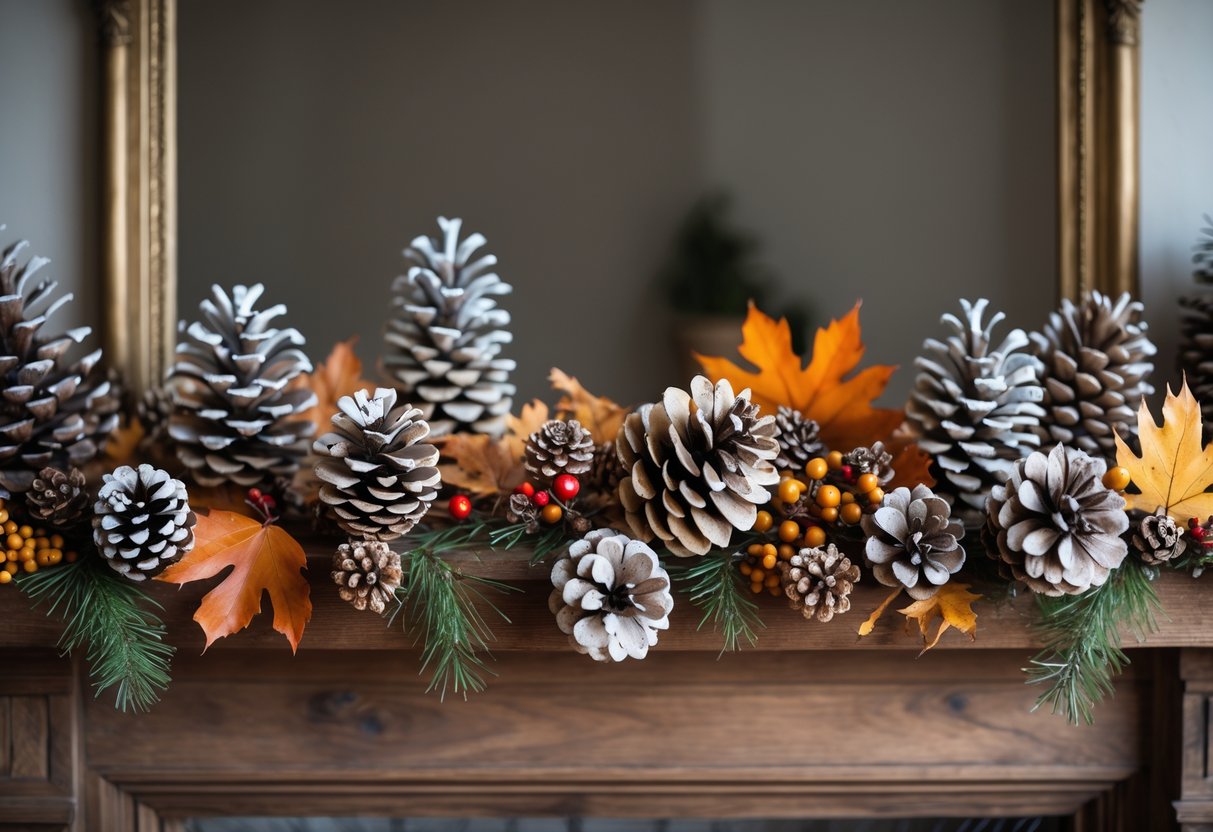 28 Fall Mantle Decor Ideas 2025: Stylish Seasonal Inspiration for Your Fireplace 15 A wooden mantel decorated with a variety of pinecones, autumn leaves, berries, and evergreen sprigs.