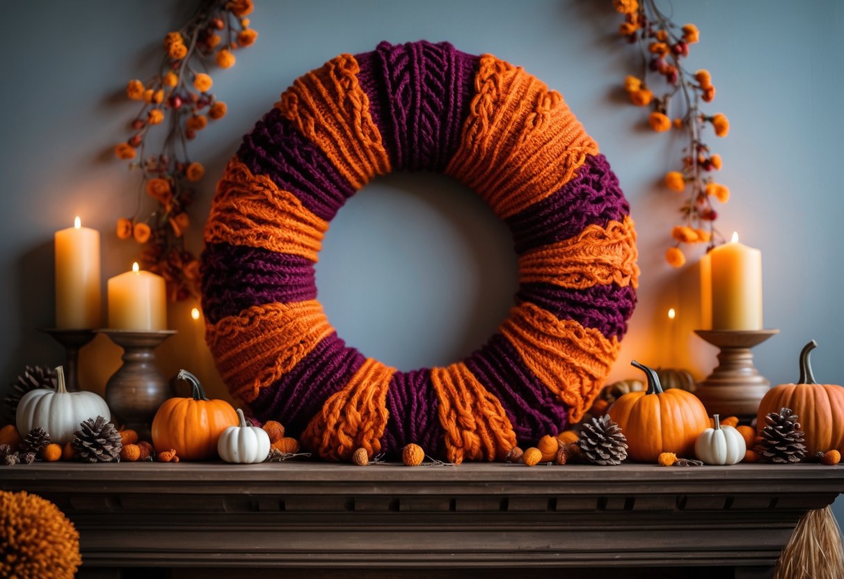 28 Fall Mantle Decor Ideas 2025: Stylish Seasonal Inspiration for Your Fireplace 16 A knitted orange and burgundy wreath hanging on a wooden mantel decorated with small pumpkins and pinecones.