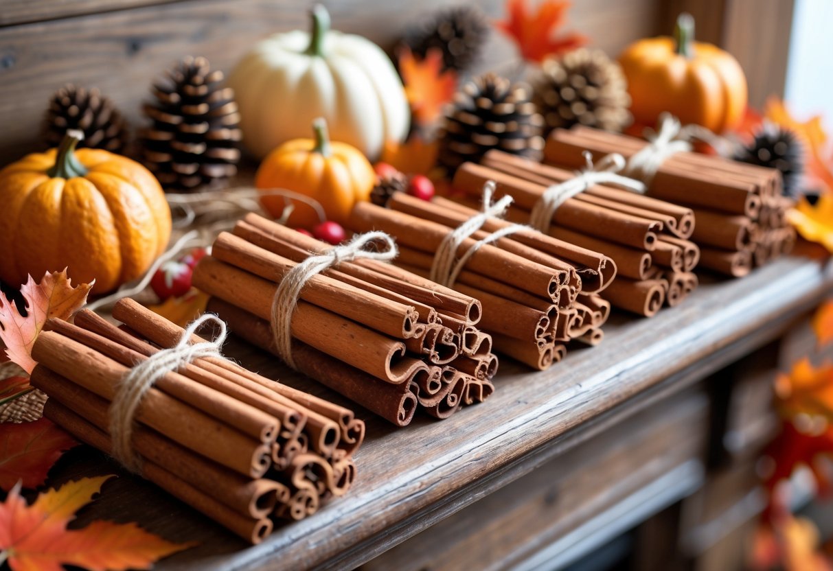 28 Fall Mantle Decor Ideas 2025: Stylish Seasonal Inspiration for Your Fireplace 17 Bundles of cinnamon sticks tied with twine arranged on a wooden mantle with autumn leaves, pine cones, pumpkins, and dried orange slices.