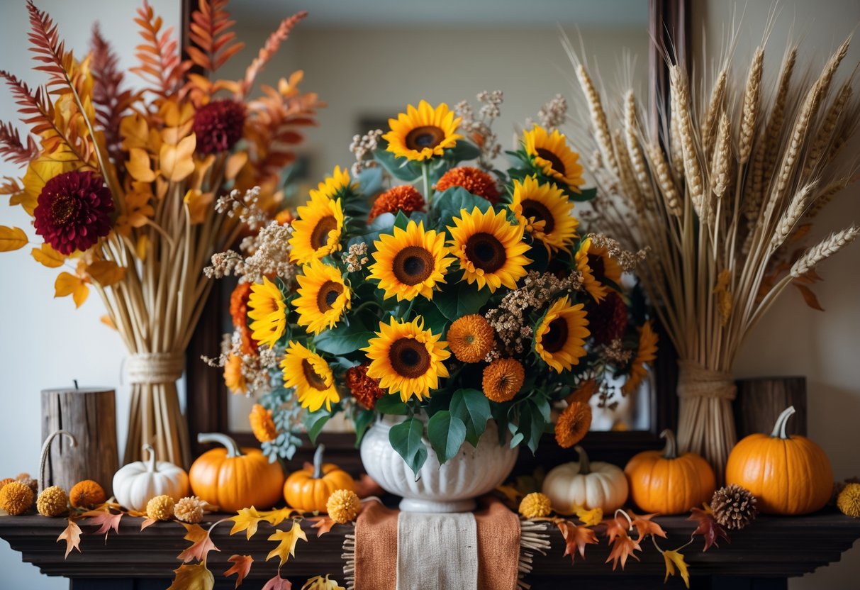28 Fall Mantle Decor Ideas 2025: Stylish Seasonal Inspiration for Your Fireplace 18 A fall mantle decorated with a floral arrangement featuring sunflowers, autumn leaves, small pumpkins, and rustic accents.