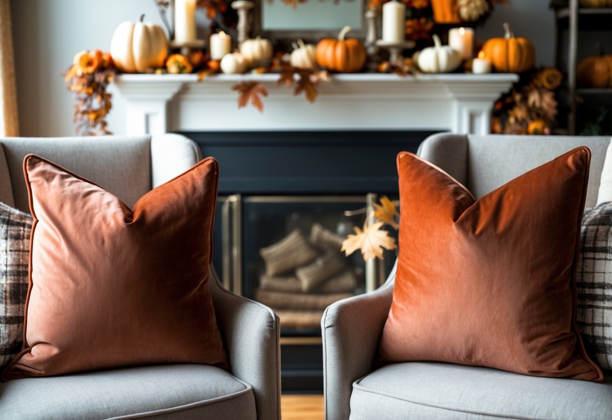 28 Fall Mantle Decor Ideas 2025: Stylish Seasonal Inspiration for Your Fireplace 19 Two adjacent chairs with rust orange velvet pillows in front of a fall-decorated mantle with pumpkins and candles.