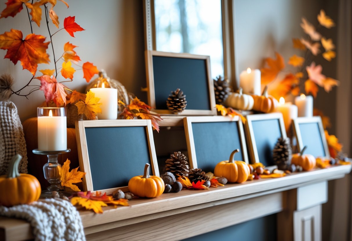 28 Fall Mantle Decor Ideas 2025: Stylish Seasonal Inspiration for Your Fireplace 20 A mantle decorated with mini chalkboard signs surrounded by autumn leaves, pumpkins, pinecones, and candles, creating a warm fall scene.
