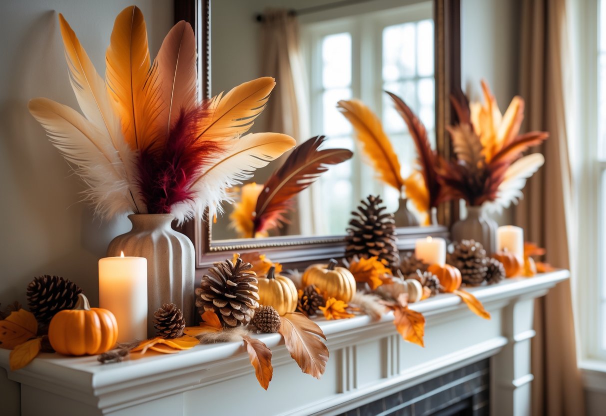28 Fall Mantle Decor Ideas 2025: Stylish Seasonal Inspiration for Your Fireplace 22 A fireplace mantle decorated with faux feathers, pumpkins, pinecones, dried leaves, and candles in warm autumn colors.