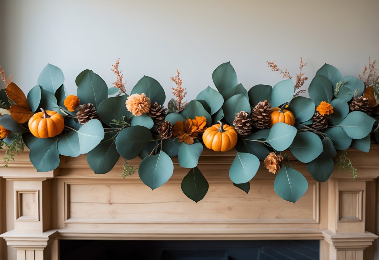 28 Fall Mantle Decor Ideas 2025: Stylish Seasonal Inspiration for Your Fireplace 23 A dark green eucalyptus garland decorated with small pumpkins and pine cones draped over a wooden mantel.