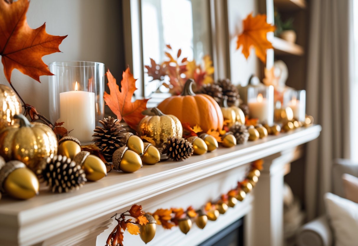 28 Fall Mantle Decor Ideas 2025: Stylish Seasonal Inspiration for Your Fireplace 25 A fall mantle decorated with golden acorns, pumpkins, autumn leaves, pinecones, and candles in a cozy living room.