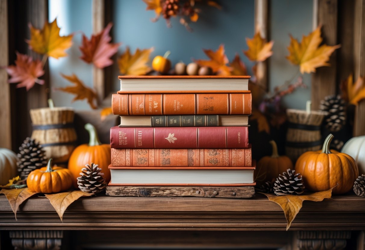 28 Fall Mantle Decor Ideas 2025: Stylish Seasonal Inspiration for Your Fireplace 27 A stack of rustic books with autumn-colored covers arranged on a wooden mantle decorated with fall leaves, pumpkins, and pinecones.