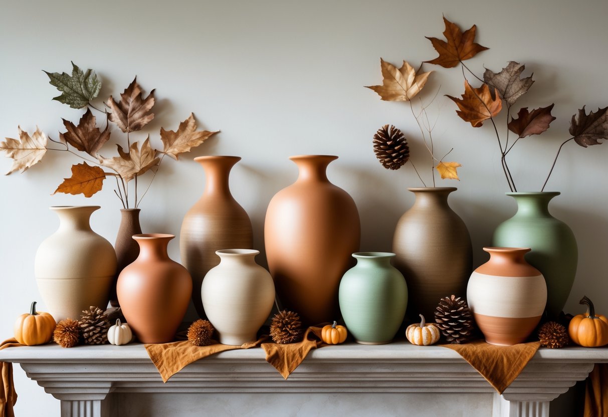 28 Fall Mantle Decor Ideas 2025: Stylish Seasonal Inspiration for Your Fireplace 28 A mantle decorated with earth tone ceramic vases and autumn elements like dried leaves and small pumpkins.