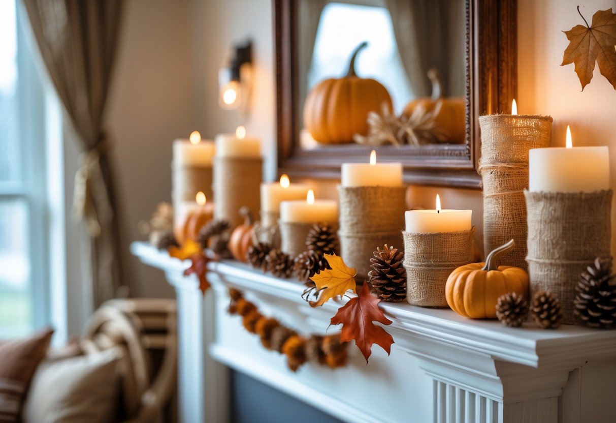 28 Fall Mantle Decor Ideas 2025: Stylish Seasonal Inspiration for Your Fireplace 29 A fall mantle decorated with burlap wrapped candle holders, pumpkins, pinecones, and dried leaves with candles glowing softly.