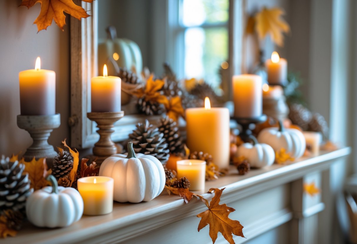 28 Fall Mantle Decor Ideas 2025: Stylish Seasonal Inspiration for Your Fireplace 30 A fall mantle decorated with small white chalk pumpkins, candles, dried leaves, and pinecones.