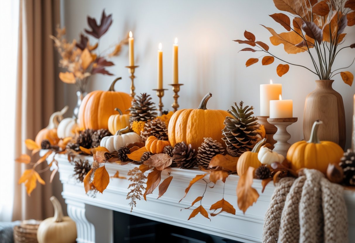 28 Fall Mantle Decor Ideas 2025: Stylish Seasonal Inspiration for Your Fireplace 31 A fall mantel decorated with pumpkins, pinecones, dried leaves, candles, and rustic wooden accents.