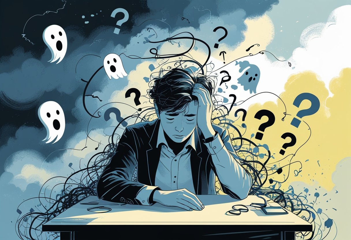 A person sitting at a desk with their head in one hand, surrounded by swirling dark lines and floating question marks, with a background shifting from stormy clouds to clear light.