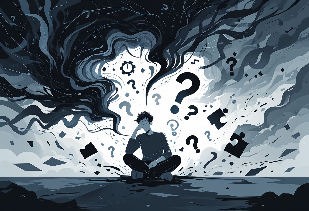 A person sitting with their head resting on one hand, surrounded by swirling dark lines and floating symbols representing confusion and negative thoughts.