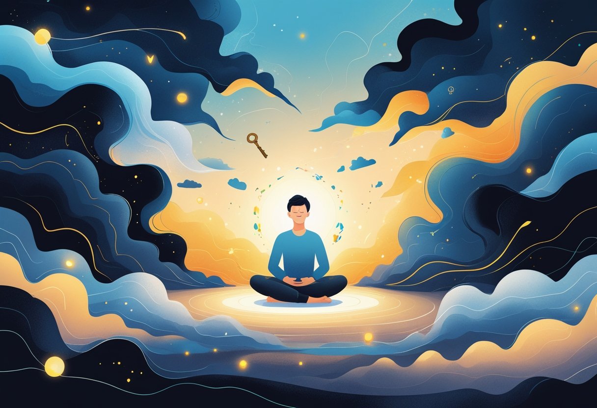 A calm person meditating surrounded by dark swirling shapes that fade into light, with symbols of guidance like a key, book, and compass floating nearby.