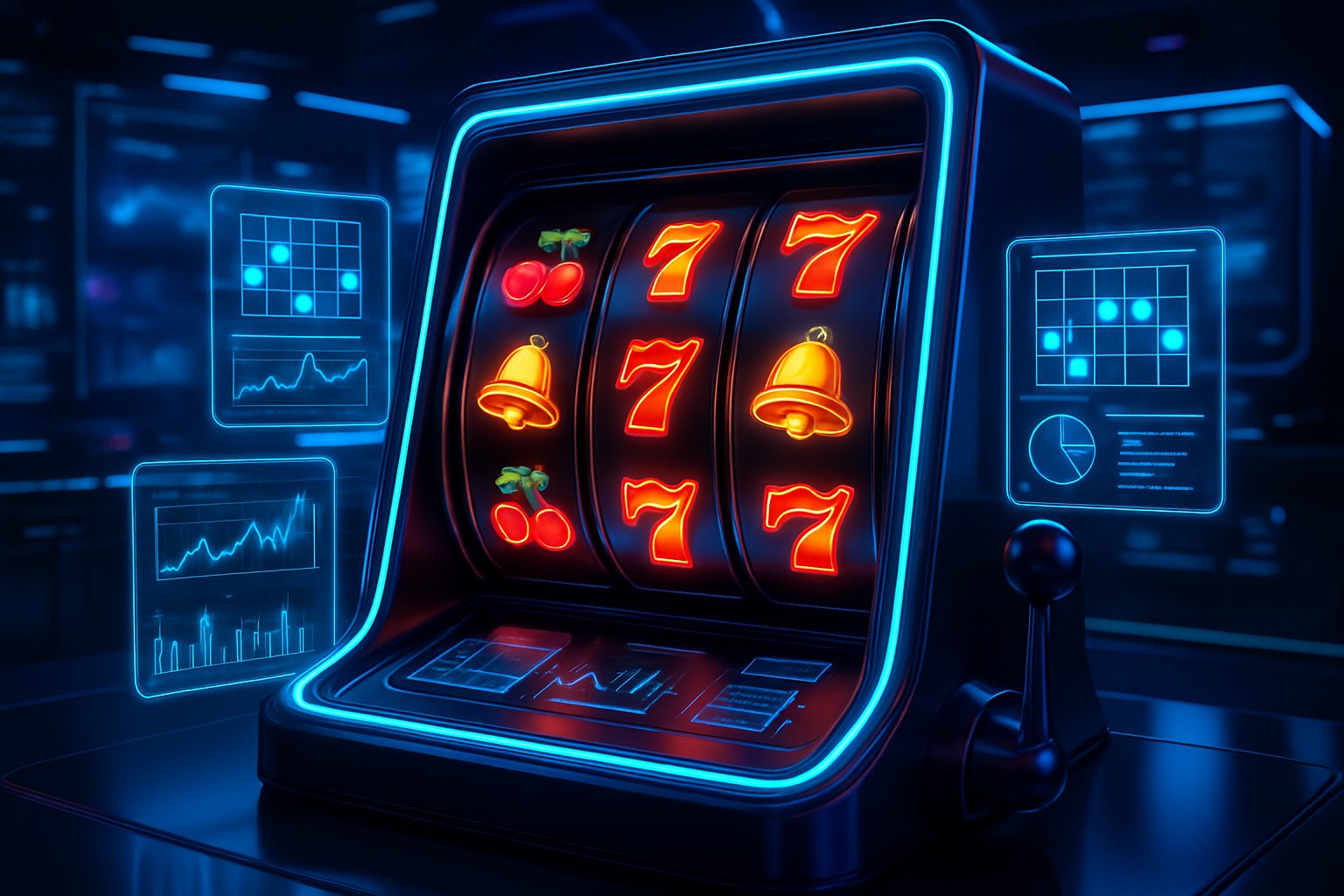 Mesin slot online modern dengan grafik strategi mengambang di sekitarnya di dalam ruangan kasino digital futuristik.