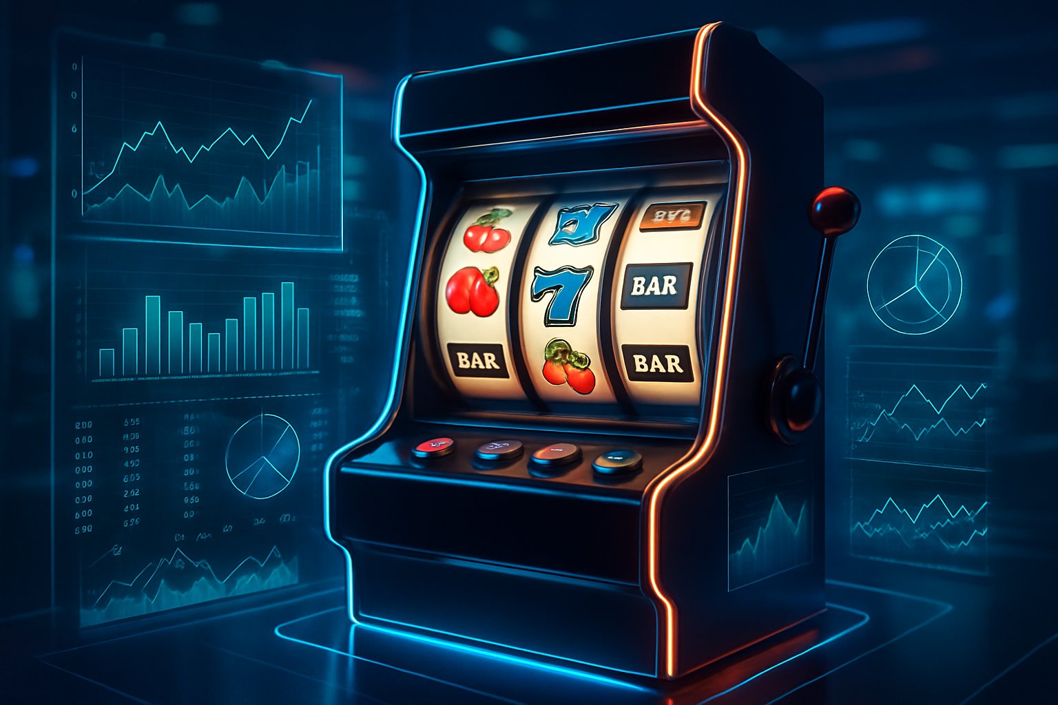 Mesin slot modern dengan grafik holografik dan latar belakang kasino virtual.