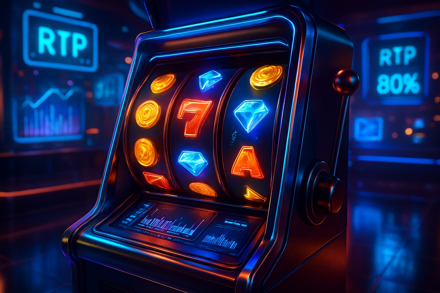 Mesin slot modern dengan gulungan berwarna cerah dan simbol keberuntungan di dalam lingkungan kasino futuristik.