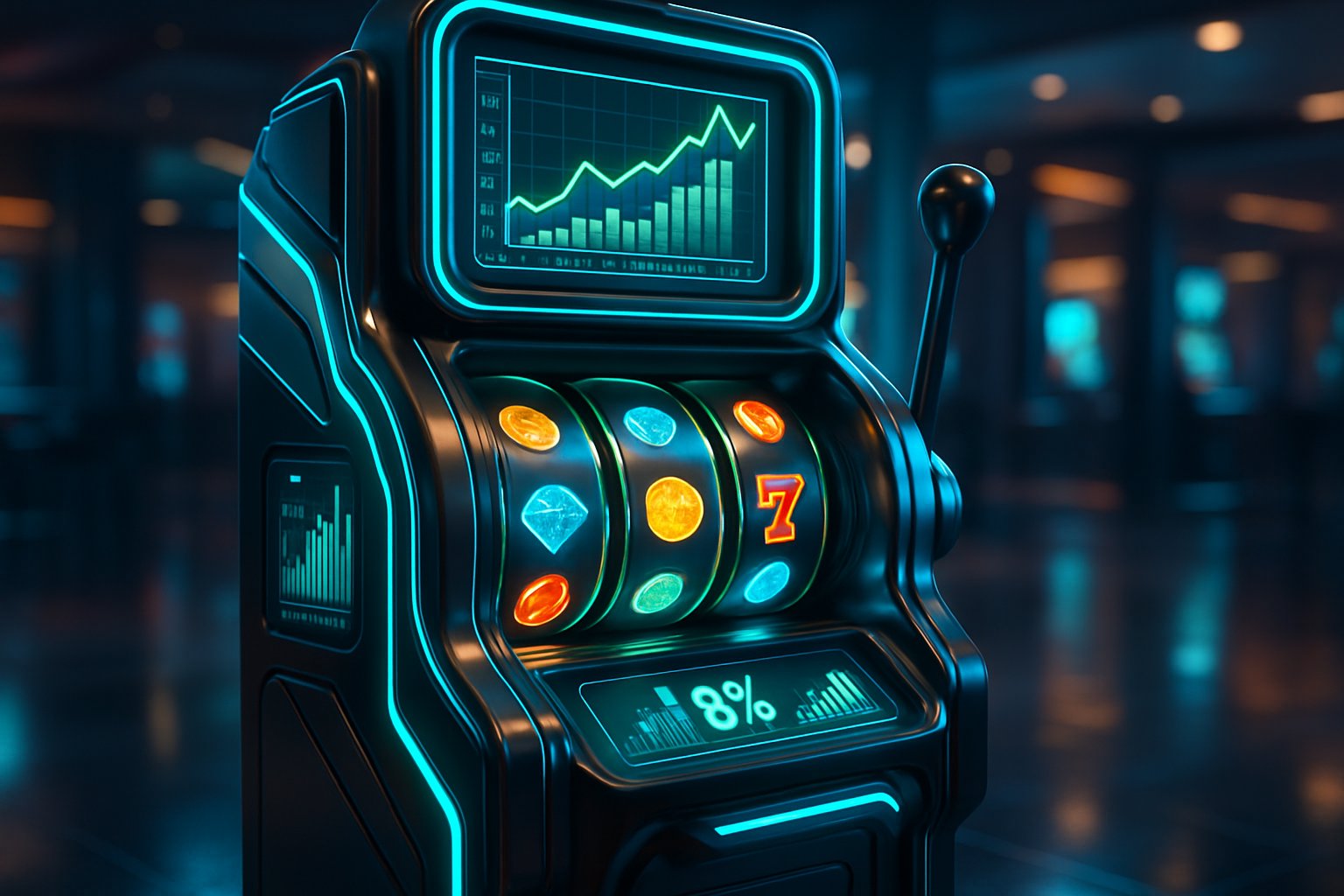 Mesin slot futuristik dengan layar digital dan simbol berputar di dalam lingkungan kasino modern.