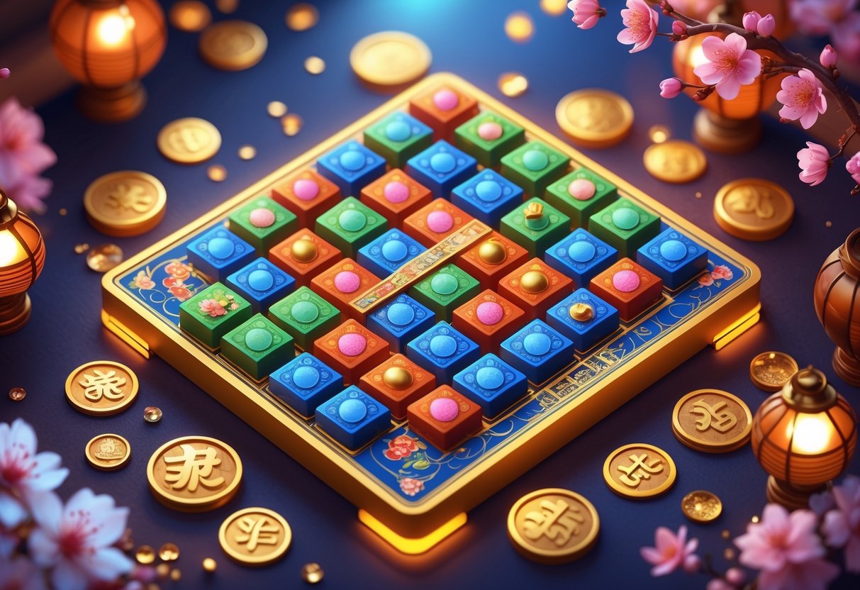 Meja Mahjong yang penuh warna dengan ubin-ubin yang bersinar, dikelilingi oleh koin emas dan ornamen tradisional Asia, menciptakan suasana kemenangan dan keberuntungan.