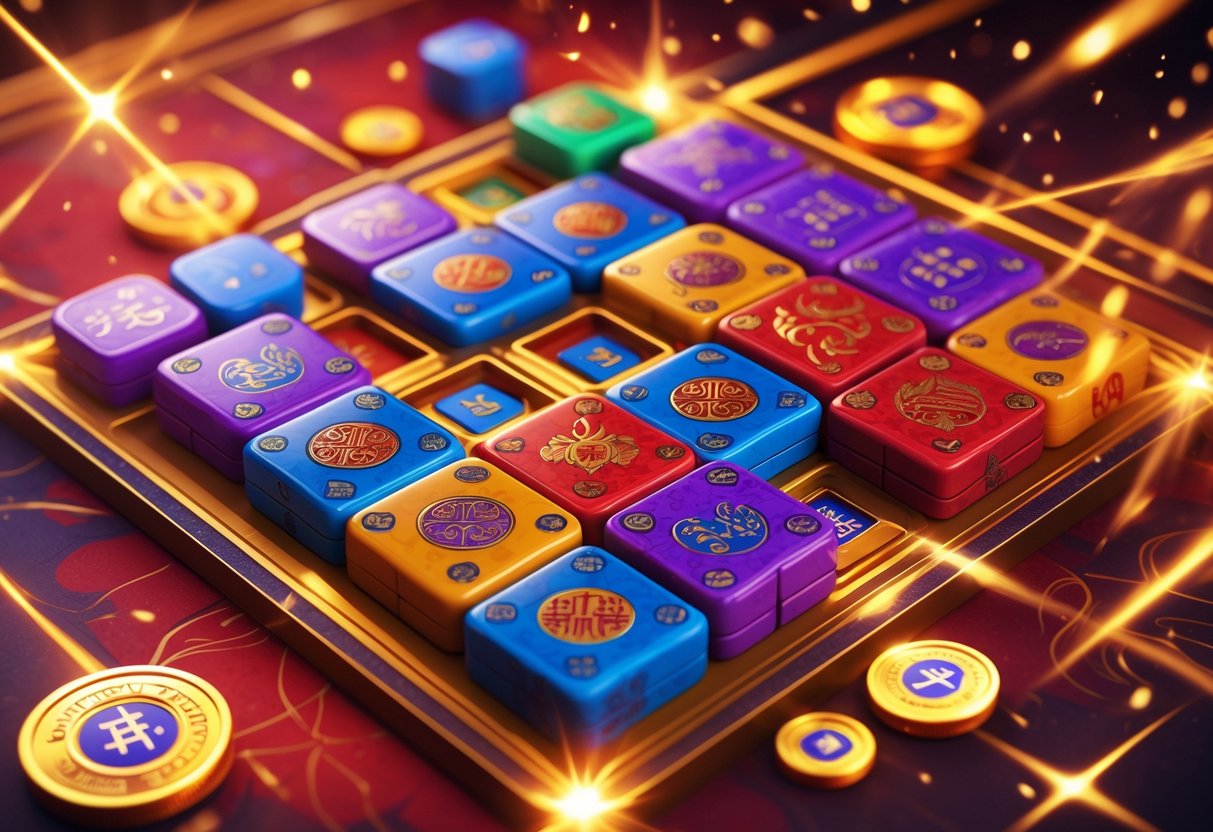 Ilustrasi profesional yang menampilkan ubin Mahjong berwarna-warni dengan koin jackpot berkilauan di latar merah dan emas yang menggambarkan sensasi kemenangan besar dalam permainan.