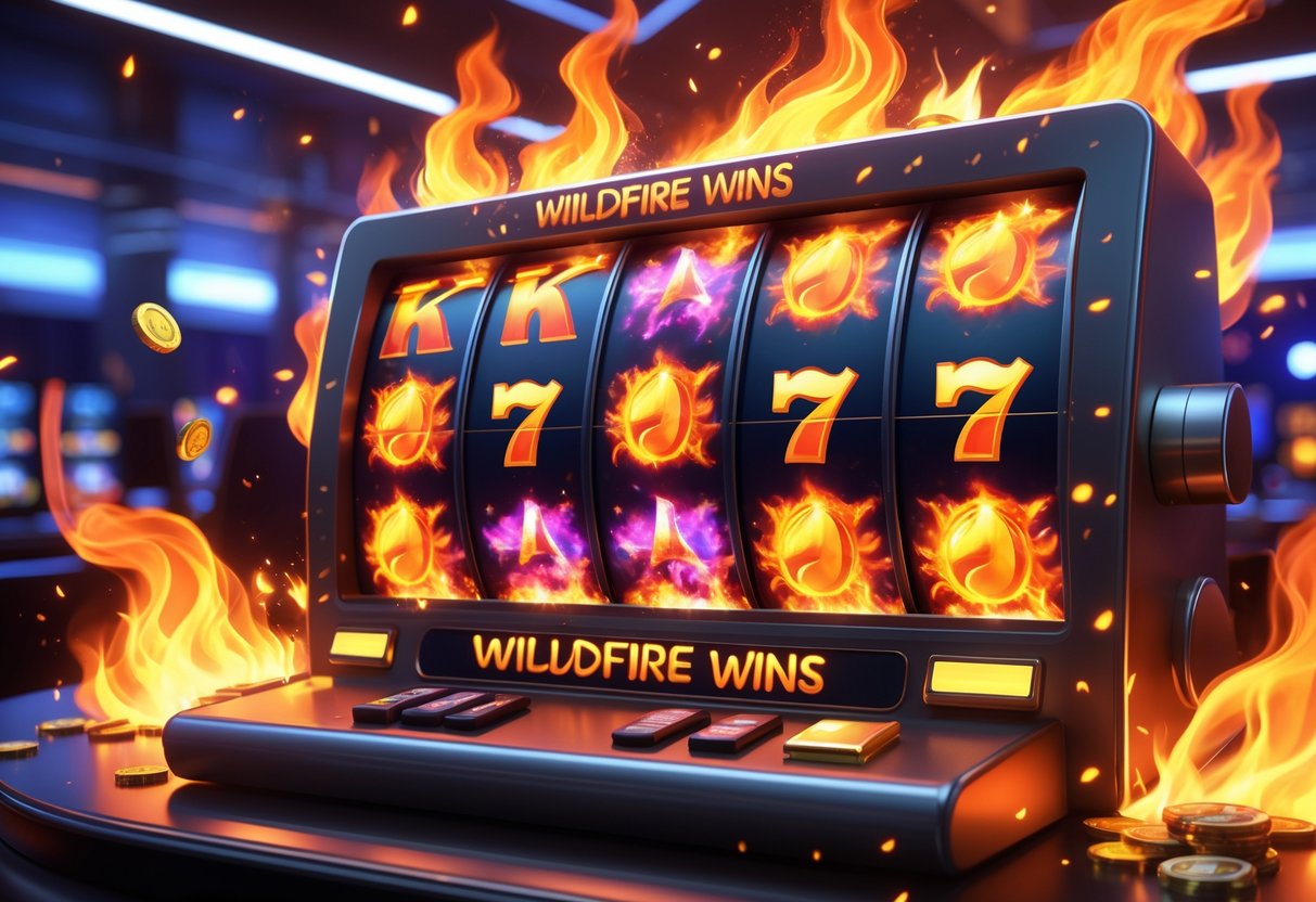 Mesin slot dengan simbol api dan koin emas yang berputar di dalam lingkungan kasino yang cerah dan bersemangat.