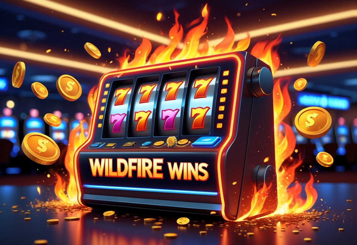 Mesin slot dengan simbol api dan koin emas yang berkilauan di latar kasino.