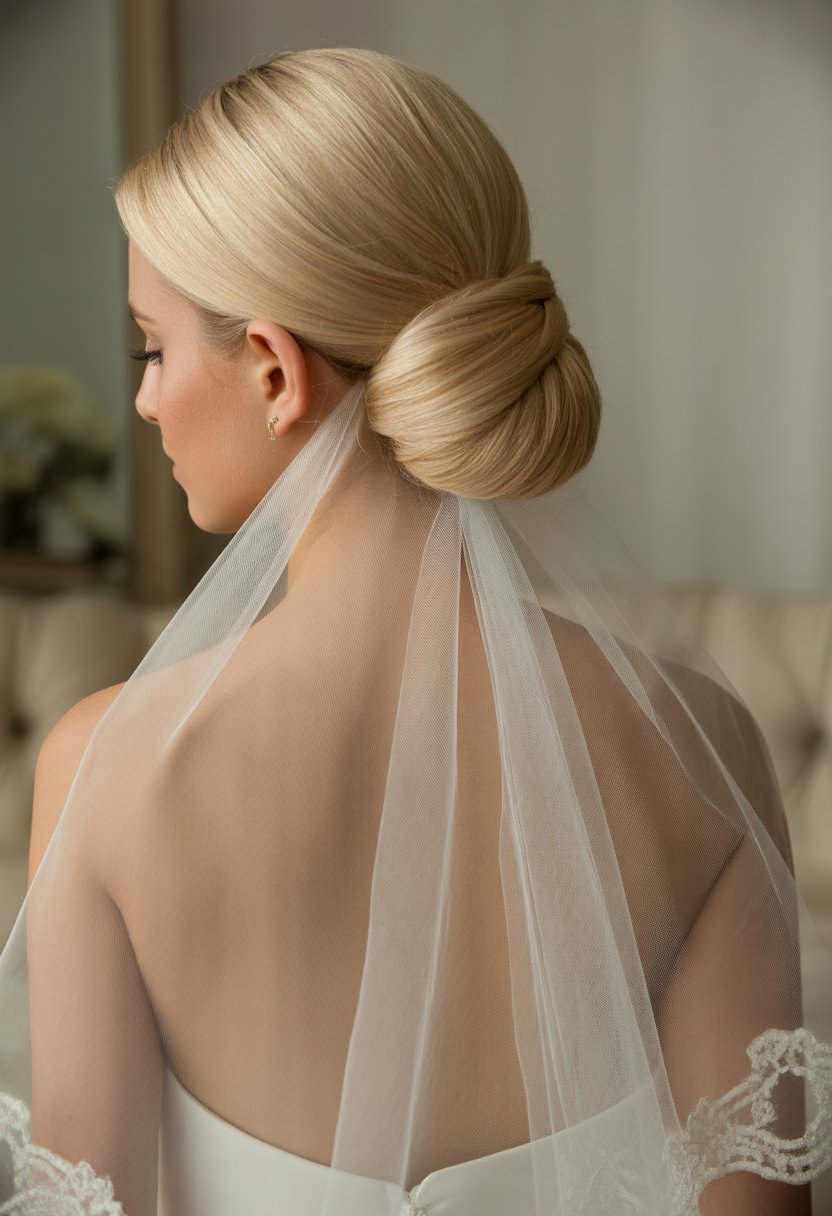 Close-up of a bride with a low bun hairstyle wearing a long, flowing veil.