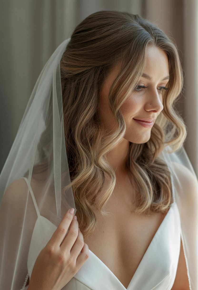 A bride with loose waves and a fingertip-length veil smiling softly in a softly lit setting.
