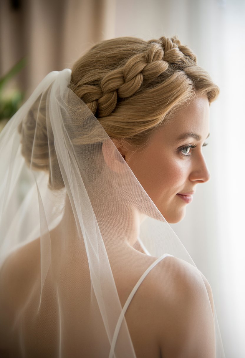 A bride with a braided crown hairstyle and a drop veil, shown from the back and side in soft lighting.