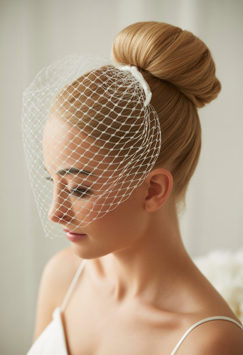 A woman with a sleek high bun hairstyle wearing a birdcage veil over her face.