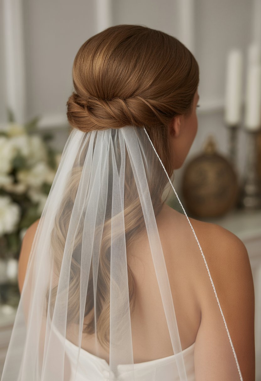 A bride seen from behind wearing a half-up twisted hairstyle with a long chapel veil flowing down her back.