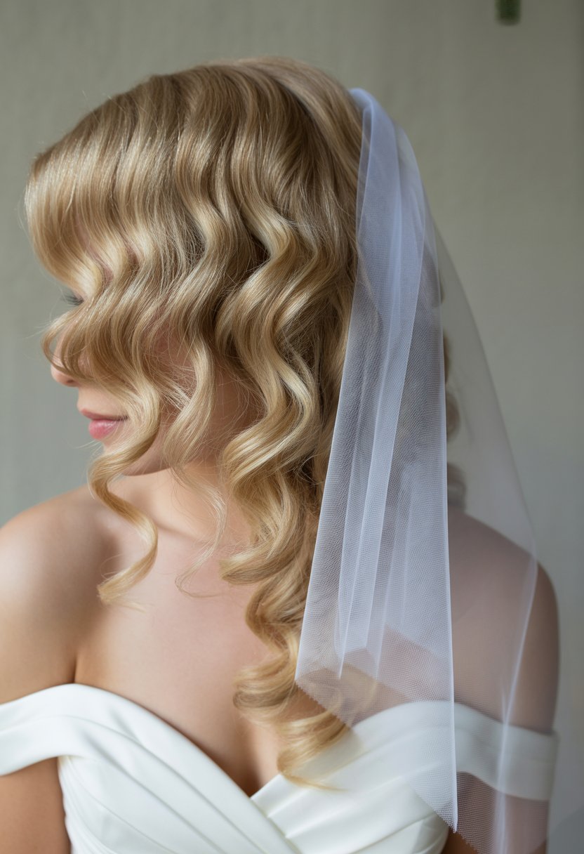 A bride with side-swept curls wearing a sheer elbow-length veil.