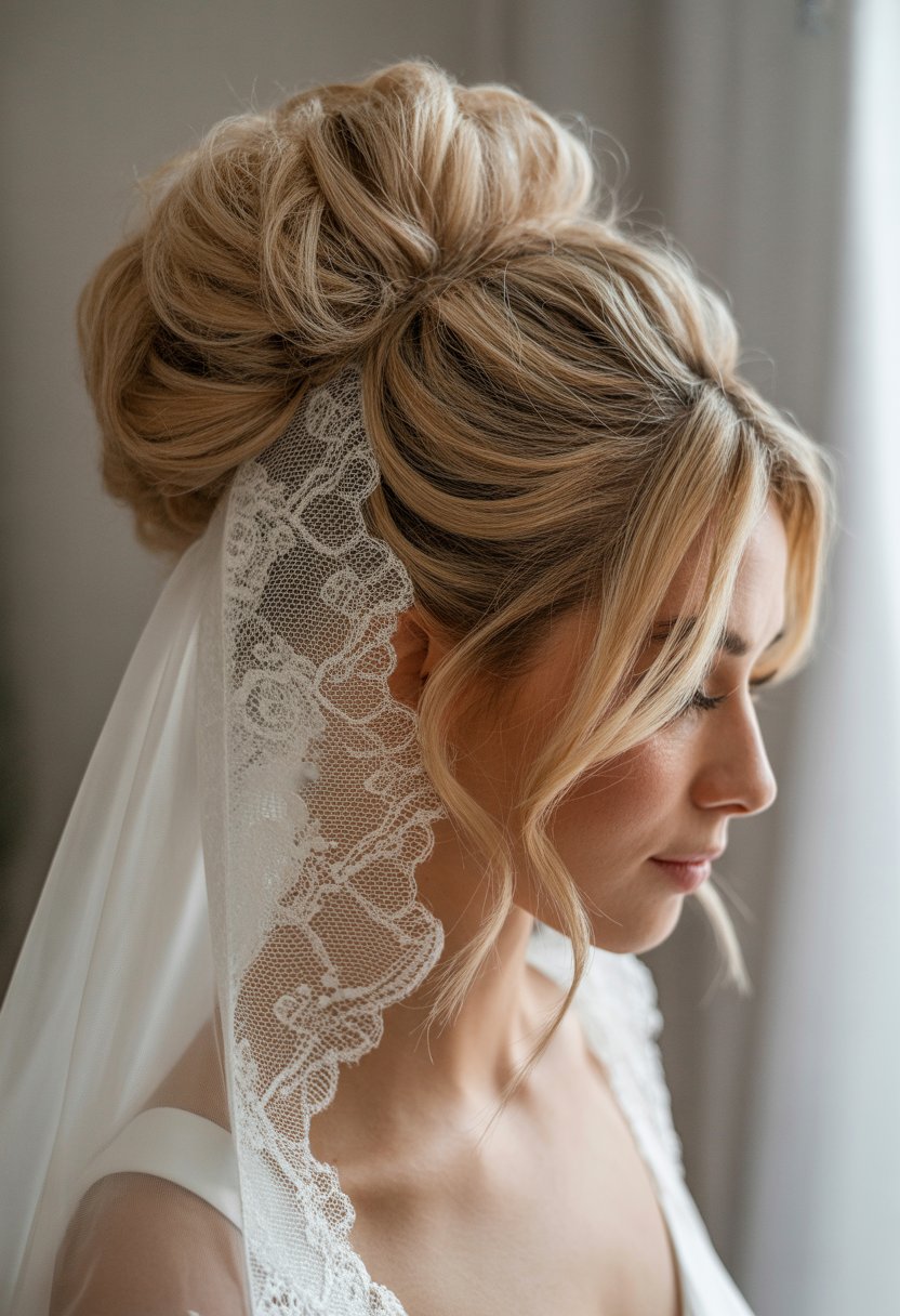 A bride with a messy textured bun hairstyle wearing a lace mantilla veil draped over her head and shoulders.