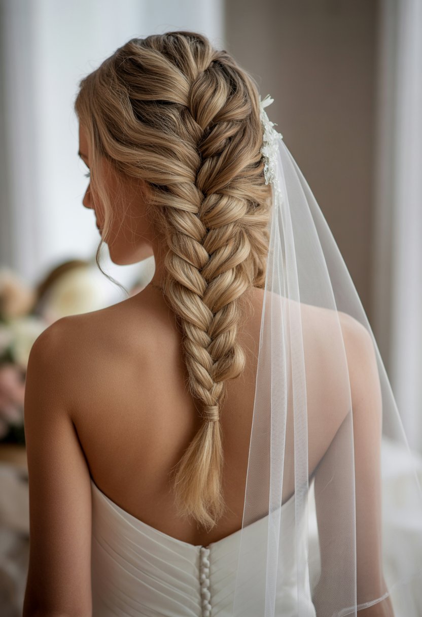 Bride with a fishtail braid hairstyle wearing a fingertip-length wedding veil.