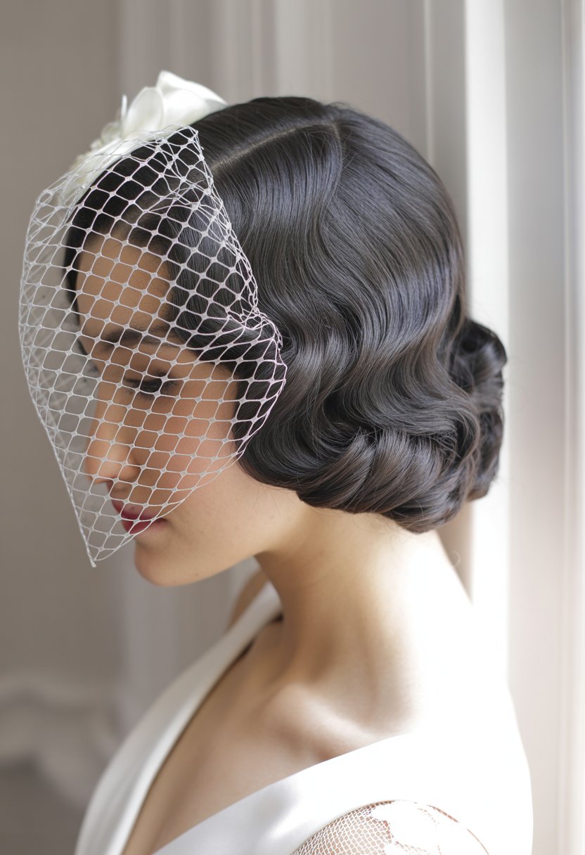 A bride with dark wavy hair wearing a short netted veil over her face, dressed in a white wedding gown.