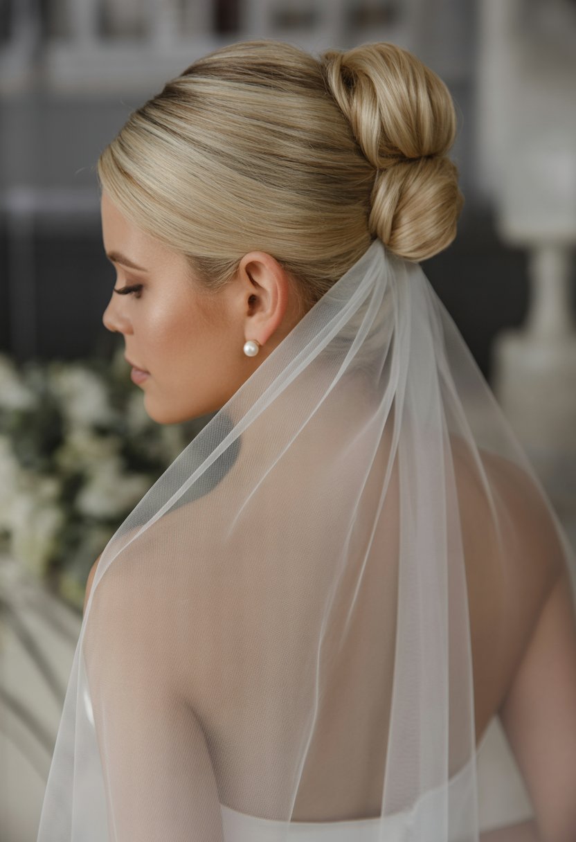 A bride with an elegant updo hairstyle and a long flowing veil standing against a softly blurred background.