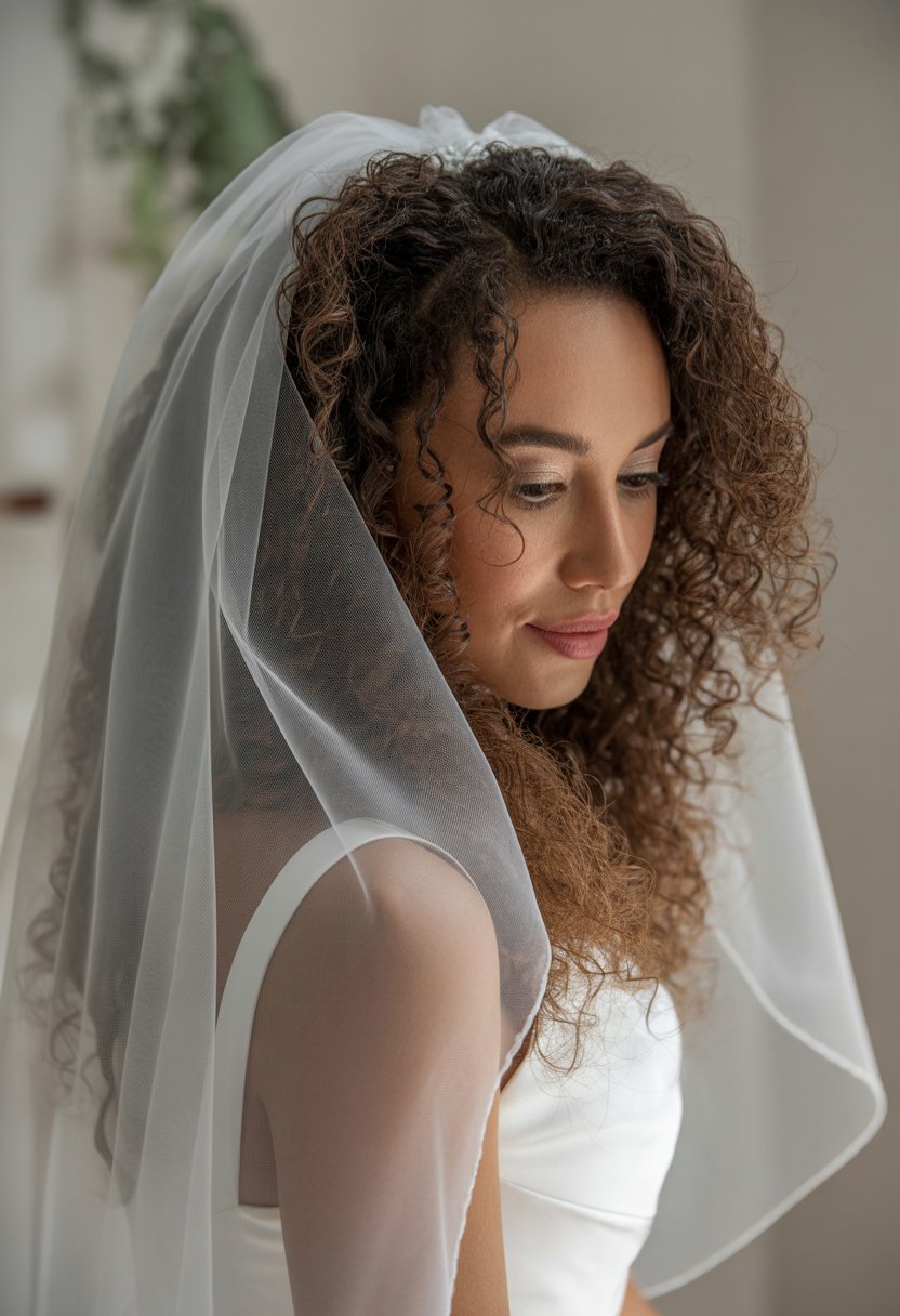 A bride with natural curly hair wearing a long chapel veil, smiling gently.