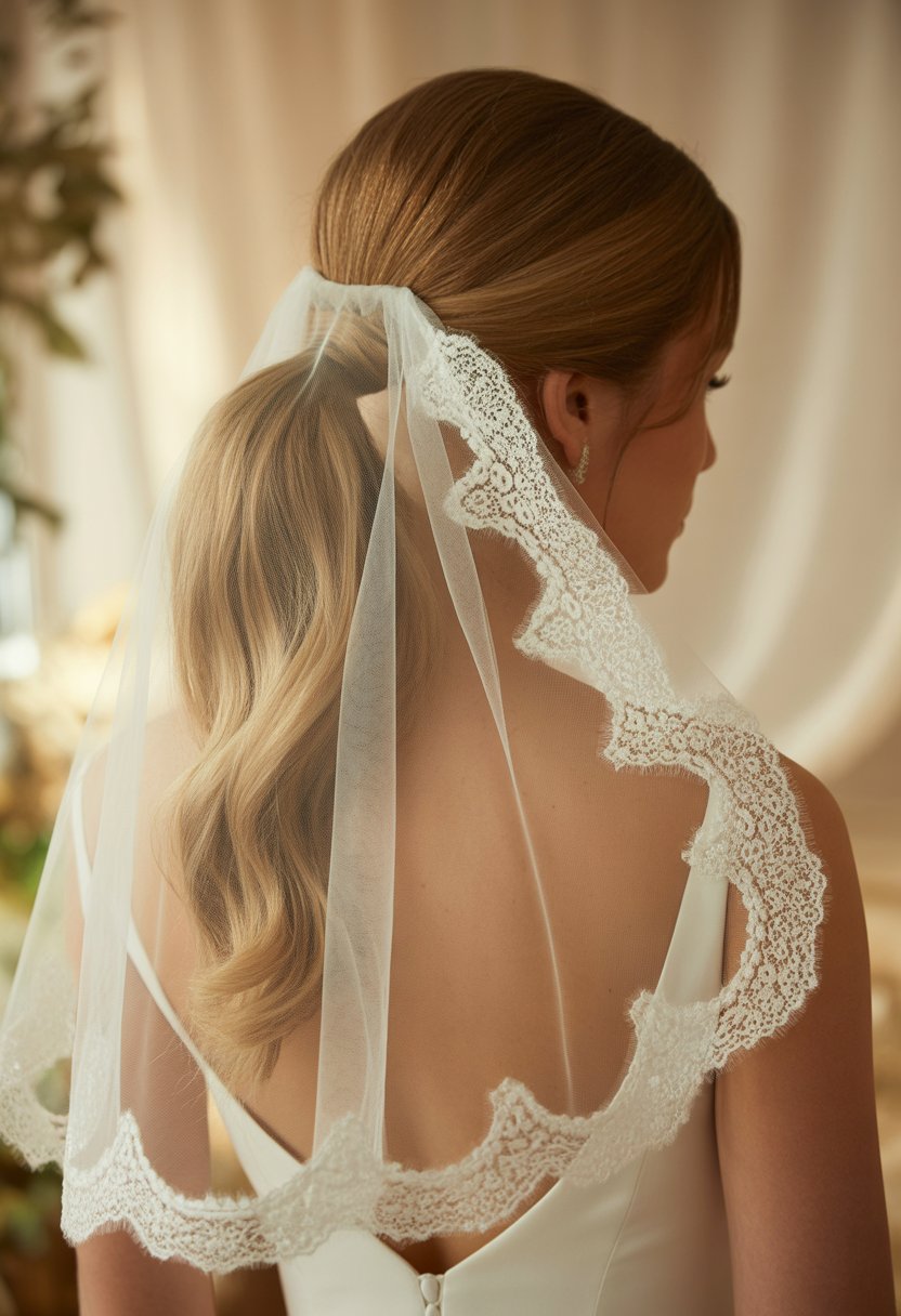 Bride seen from behind wearing a low ponytail with a lace-edged veil over it.