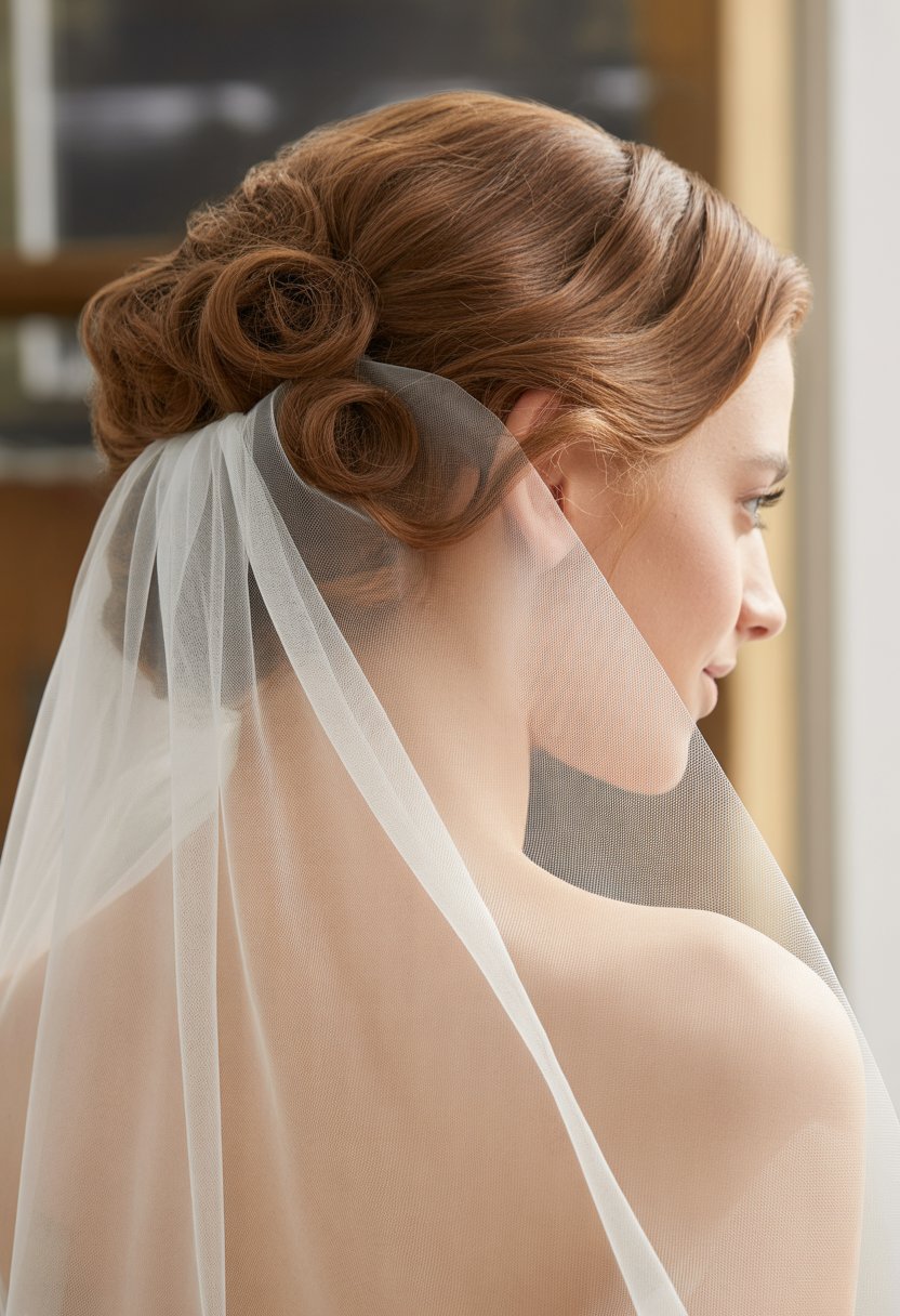 Bride with soft curls pinned back and a sheer drop veil flowing down her back